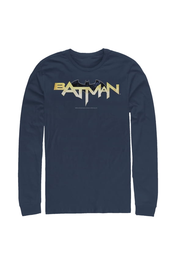 Men's Batman Logo Messy Text  Long Sleeve Shirt Navy Blue Small