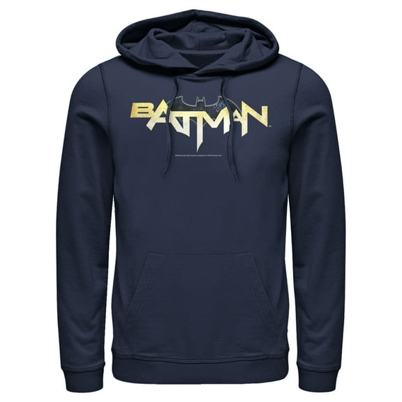Men's Batman Logo Messy Text  Pull Over Hoodie Navy Blue Medium