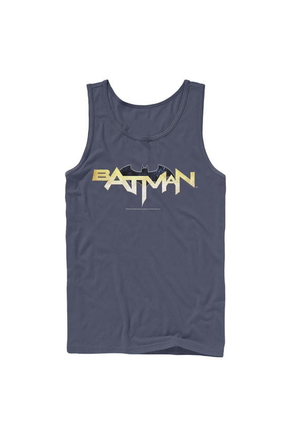 Men's Batman Logo Messy Text Tank Top Navy Blue 2X Large