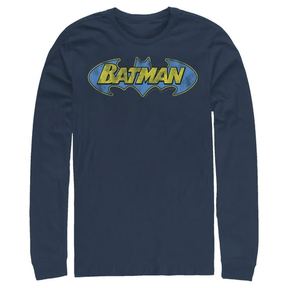 Men's Batman Logo Retro Wing Long Sleeve Shirt Navy Blue Large