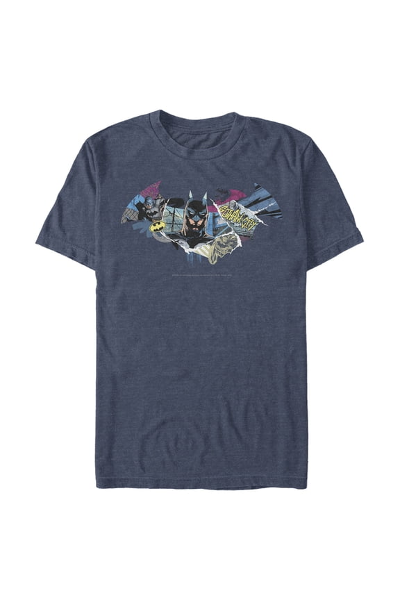 Men's Batman Shield Logo Classic Hero Collage Graphic Tee Navy Blue Heather 3X Large