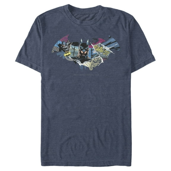Men's Batman Shield Logo Classic Hero Collage  Graphic Tee Navy Blue Heather Large Tall