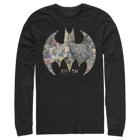 Men's Batman Shield Logo Comic 80th Anniversary Long Sleeve Shirt Black Small