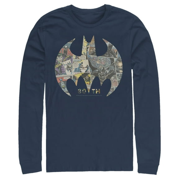 Men's Batman Shield Logo Comic 80th Anniversary Long Sleeve Shirt Navy Blue Small