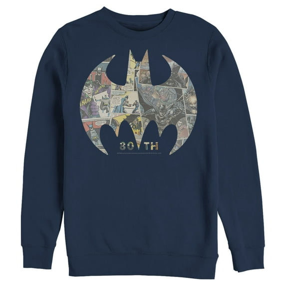 Men's Batman Shield Logo Comic 80th Anniversary Sweatshirt Navy Blue Small