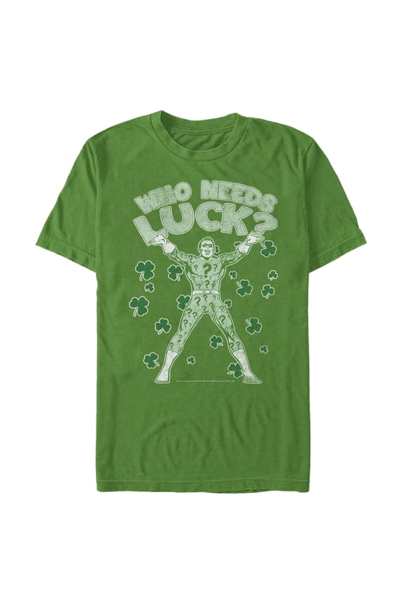 Men's Batman St. Patrick's Day Riddler Who Needs Luck Distressed Graphic Tee Kelly Green Large
