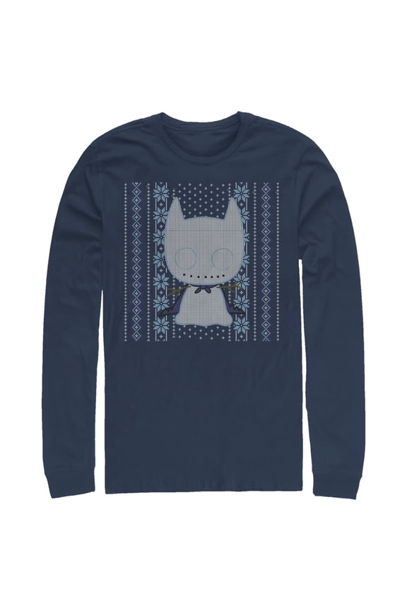 Men's Batman Ugly Christmas Chibi Snow Bat Long Sleeve Shirt Navy Blue 2X Large