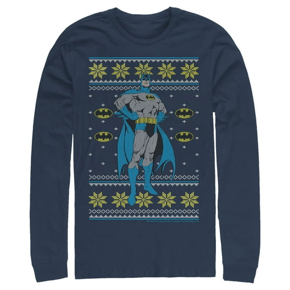 Men's Batman Ugly Christmas Dark Knight Pose Long Sleeve Shirt Navy Blue Small