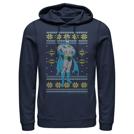 Men's Batman Ugly Christmas Dark Knight Pose Pull Over Hoodie Navy Blue Medium