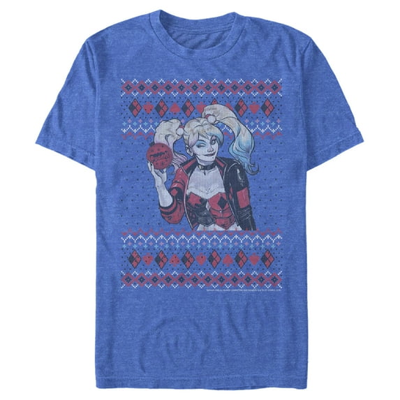 Men's Batman Ugly Christmas Harley Quinn Graphic Tee Royal Blue Heather Large