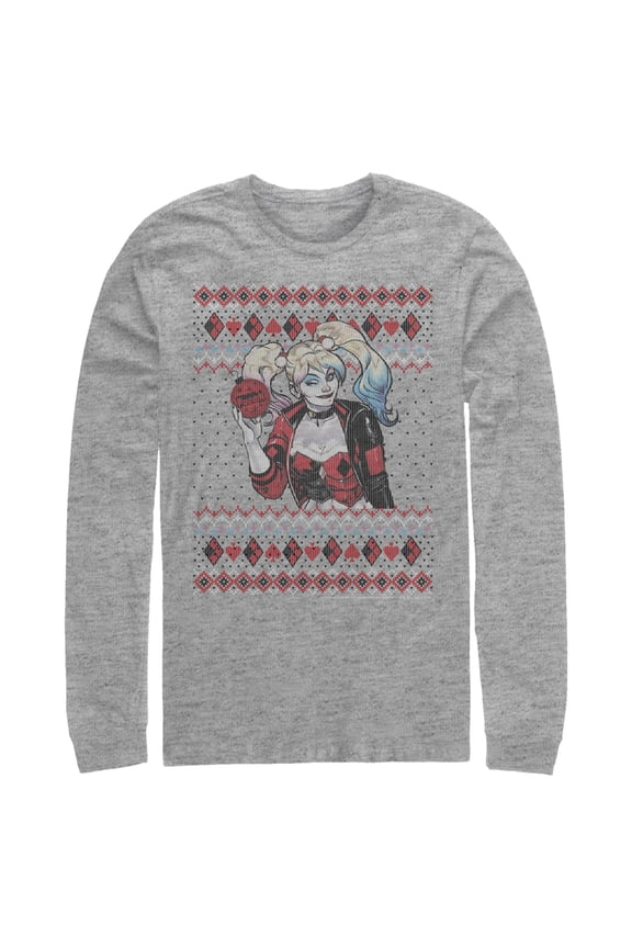 Men's Batman Ugly Christmas Harley Quinn Long Sleeve Shirt Athletic Heather Large