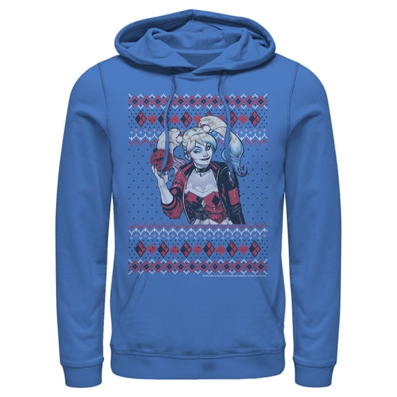 Men's Batman Ugly Christmas Harley Quinn Pull Over Hoodie Royal Blue 3X Large