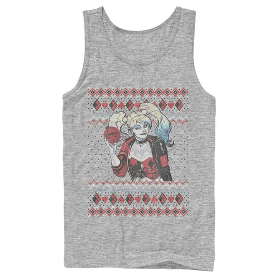 Men's Batman Ugly Christmas Harley Quinn Tank Top Athletic Heather 2X Large
