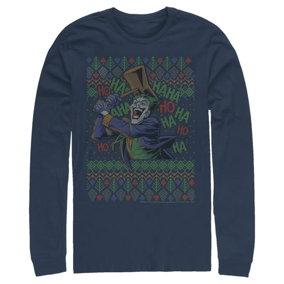 Men's Batman Ugly Christmas Joker Hammer  Long Sleeve Shirt Navy Blue 2X Large