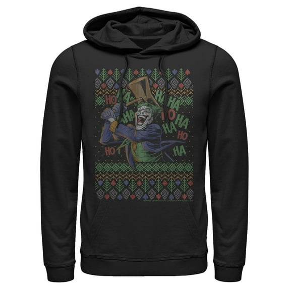 Men's Batman Ugly Christmas Joker Hammer Pull Over Hoodie Black 2X Large