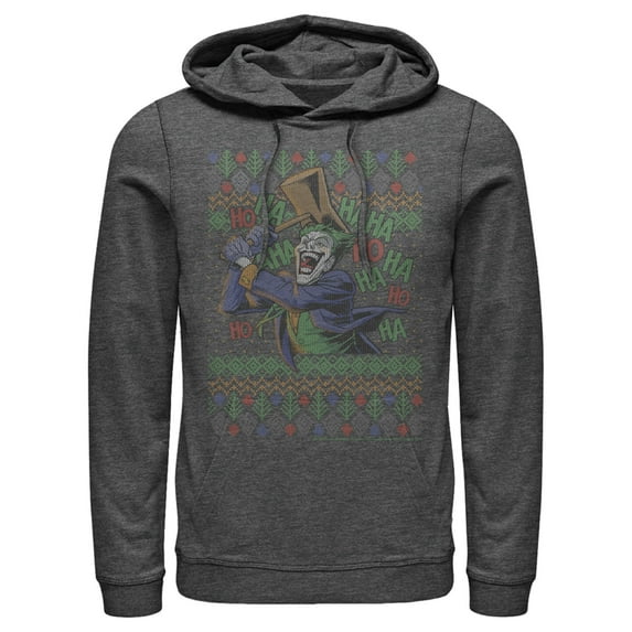 Men's Batman Ugly Christmas Joker Hammer Pull Over Hoodie Charcoal Heather Medium