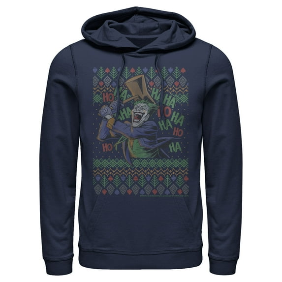 Men's Batman Ugly Christmas Joker Hammer Pull Over Hoodie Navy Blue Large