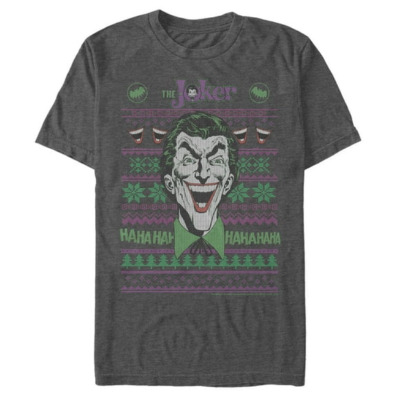 Men's Batman Ugly Christmas Joker Laugh  Graphic Tee Charcoal Heather Medium