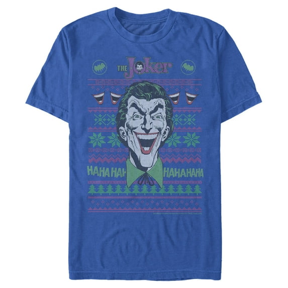 Men's Batman Ugly Christmas Joker Laugh Graphic Tee Royal Blue Small