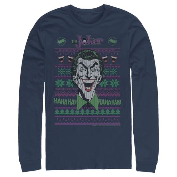 Men's Batman Ugly Christmas Joker Laugh  Long Sleeve Shirt Navy Blue Small