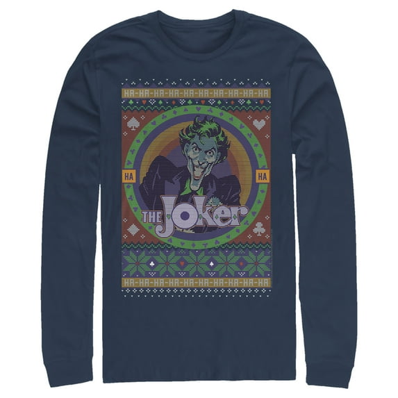 Men's Batman Ugly Christmas Joker Long Sleeve Shirt Navy Blue Medium