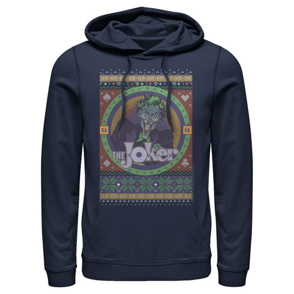 Men's Batman Ugly Christmas Joker Pull Over Hoodie Navy Blue Medium