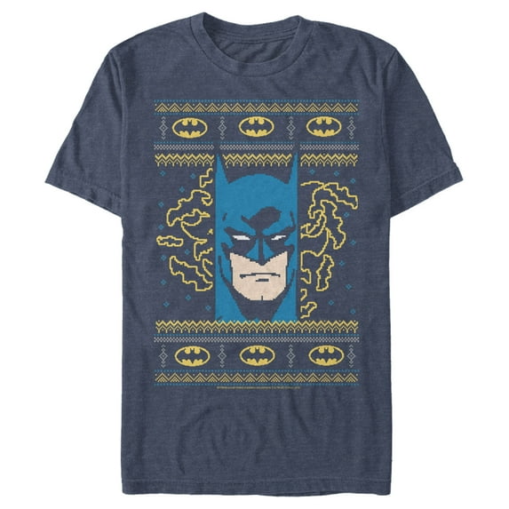 Men's Batman Ugly Christmas Masked Hero Graphic Tee Navy Blue Heather Small