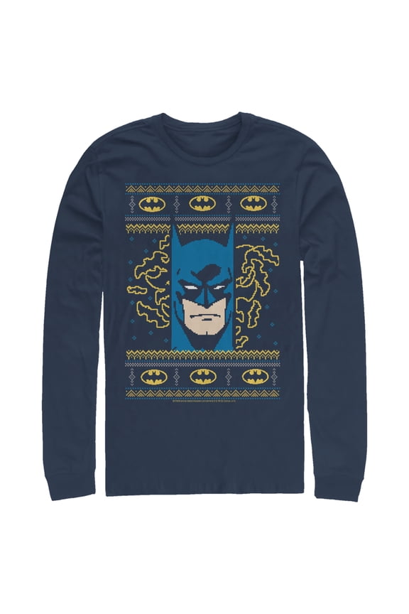 Men's Batman Ugly Christmas Masked Hero  Long Sleeve Shirt Navy Blue 2X Large