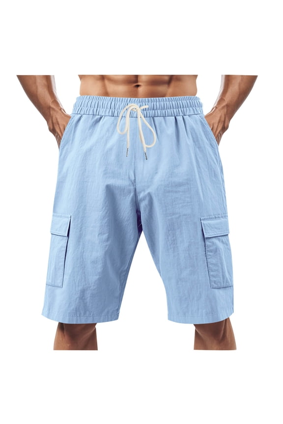 Men's Beach Cargo Shorts Elastic Waist with Drawstring Multi-Pocket Casual Shorts Outdoor Athletic Short Pant