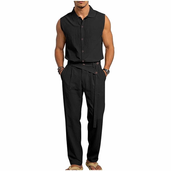 Men's Beach Clothes 2 Piece Linen Outfits Sets Casual Sleeveless Button Down Shirt Golf Pants Vacation Suit Summer Black
