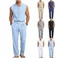 thumbnail image 1 of Men's Beach Clothes 2 Piece Linen Outfits Sets Casual Sleeveless Button Down Shirt Golf Pants Vacation Suit Summer Light Blue, 1 of 8