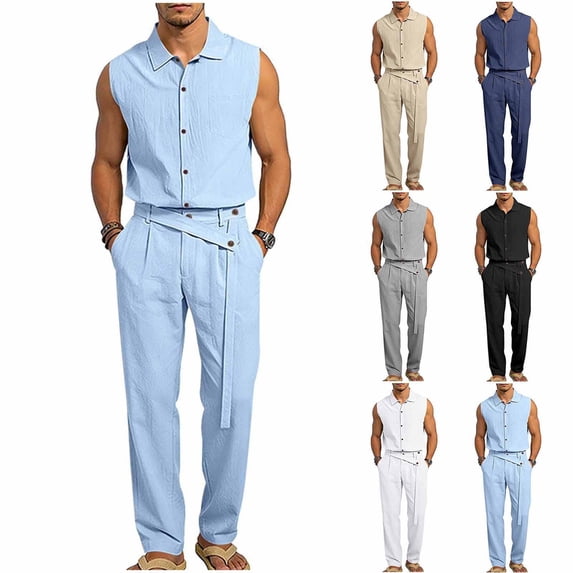 Men's Beach Clothes 2 Piece Linen Outfits Sets Casual Sleeveless Button Down Shirt Golf Pants Vacation Suit Summer Light Blue
