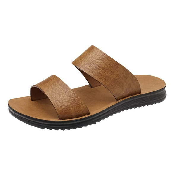 Men's Beach Leather Sandals Slide Footwear Round Flip Flops Pu Slip On Slippers Men's Fashion Casual Open Toe Top Layer Spring And Summer Style Breathable Soft Leather Beach Thick-Soled Sandals