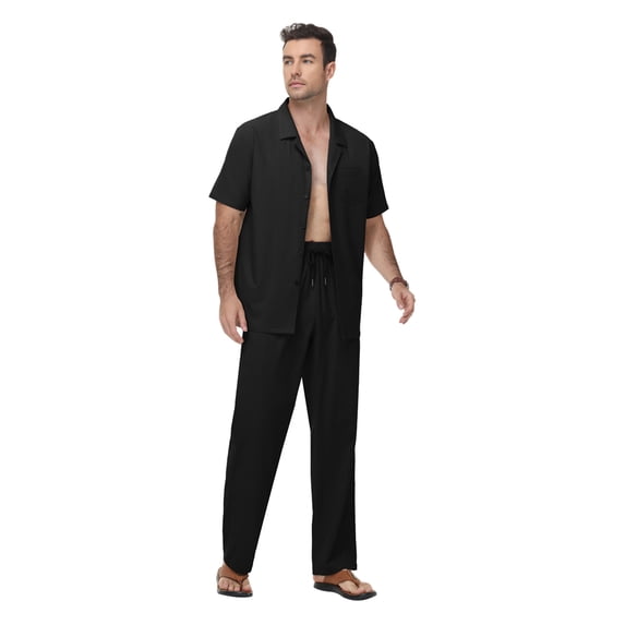 Men's Beach Outfit 2 Piece Casual Button Down Shirt Short Sleeve Loose Shirts and Pants Vacation Sets for Men