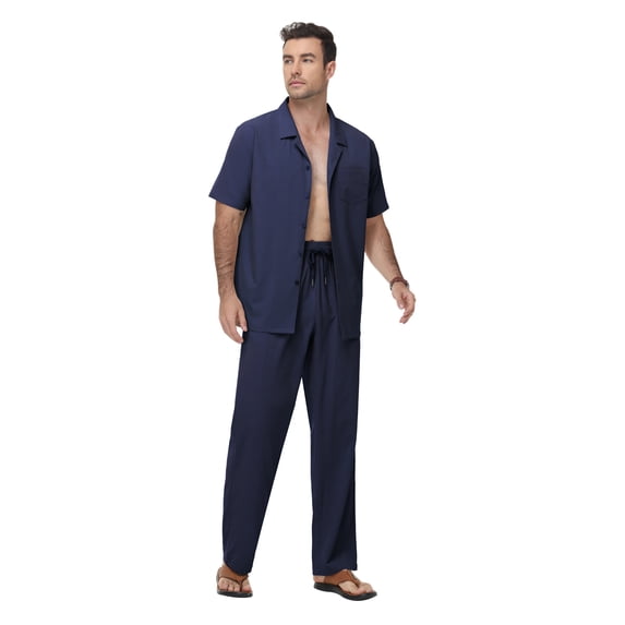 Men's Beach Outfit 2 Piece Casual Button Down Shirt Short Sleeve Loose Shirts and Pants Vacation Sets for Men