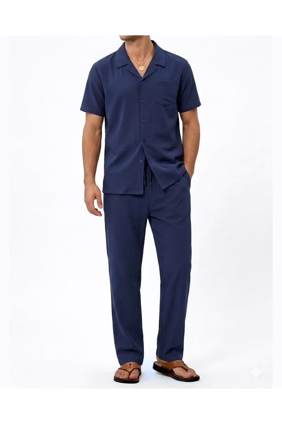 Men 2 Piece Linen Outfit Suitable for Indoor & Outdoor Beach Button Down Shirt Casual Loose Pant Sets L