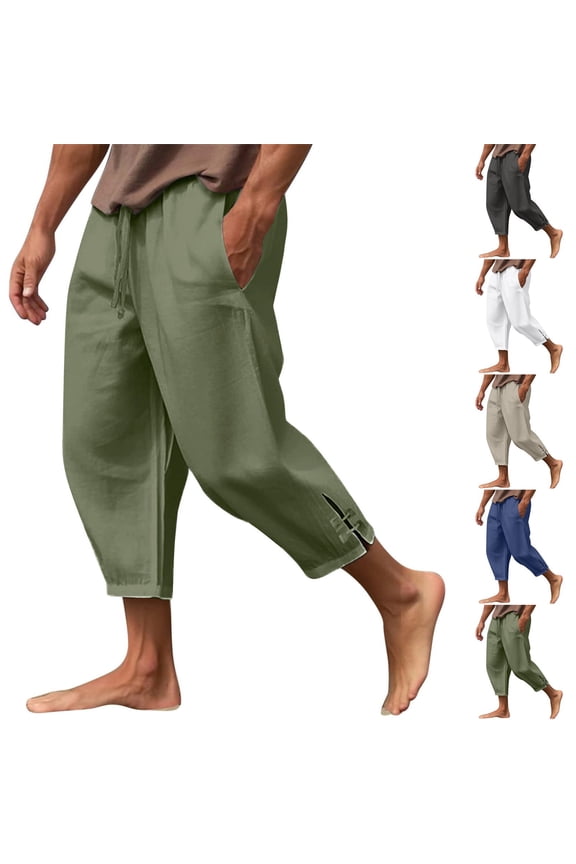 Men's Beach Pants with Slit Cuffs, Comfortable and Breathable Casual Trousers for Summer, Vacation and Lounging,Black,S