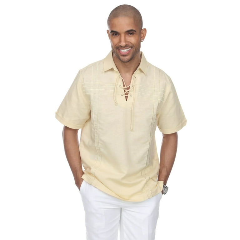Men's Beach Resort Wear Embroidered Linen Shirt Short Sleeve Lace