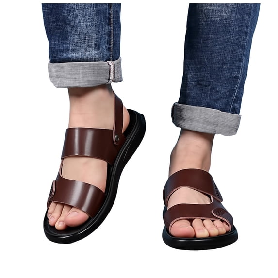 Men's Beach Sandals Leather Adjustable Buckle Strap Platform Slippers Comfortable Cut out Slides Open Toe Summer Beach Slip on Shoes Brown Size 8.5