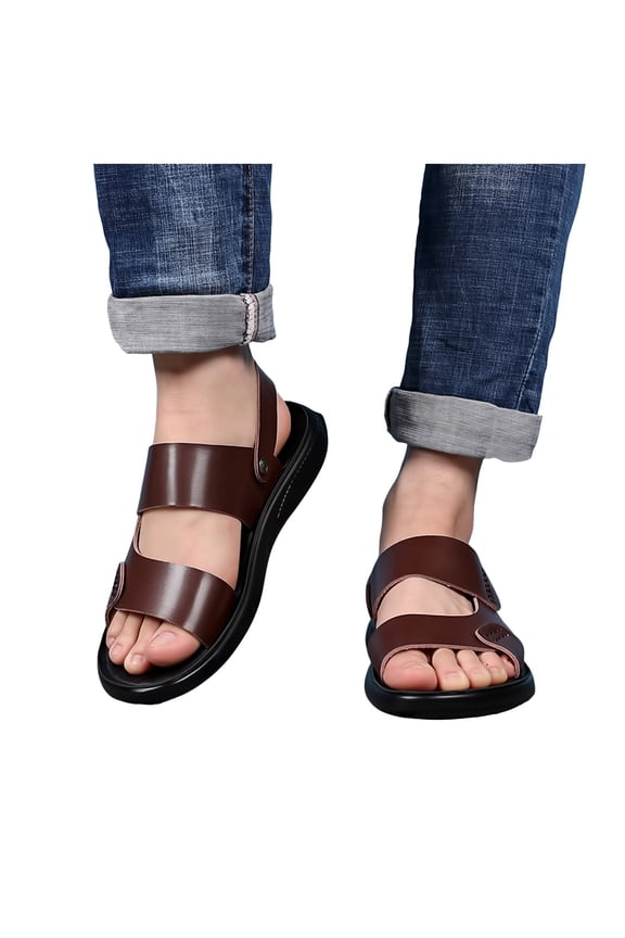 Men's Beach Sandals Leather Adjustable Buckle Strap Platform Slippers Comfortable Cut out Slides Open Toe Summer Beach Slip on Shoes Brown Size 8