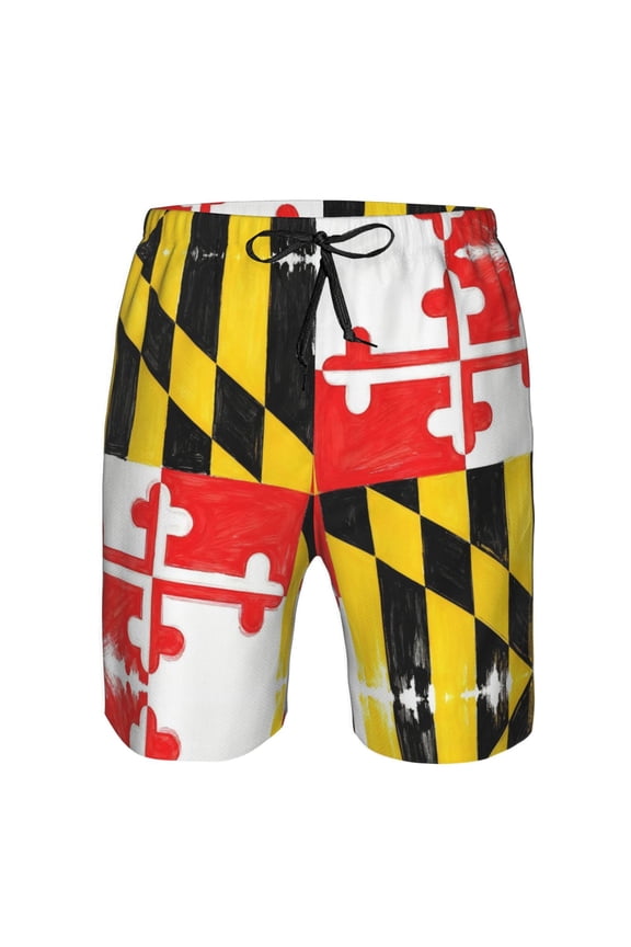 Men's Beach Shorts Flag Of Maryland Pattern Board Shorts Summer Swim Trunks with Mesh Liner Large