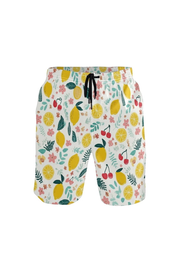 Men's Beach Shorts Quick Dry Shorts for Summer Pool and Casual Wear Cartoon Yellow Lemons Pattern Large
