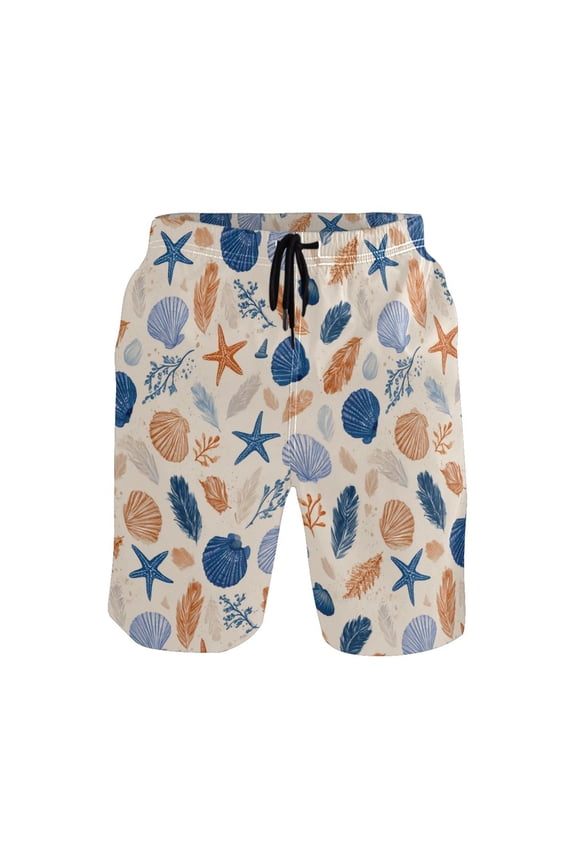 Men's Beach Shorts Quick Dry Shorts for Summer Pool and Casual Wear Hand-drawn Shell Pattern