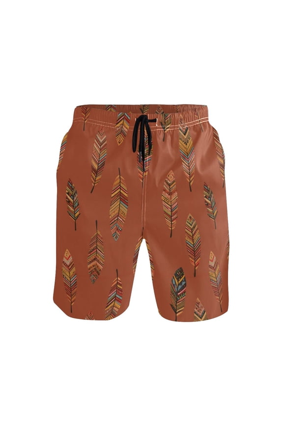 Men's Beach Shorts Quick Dry Shorts for Summer Pool and Casual Wear Terracotta Tones Feather X-Large