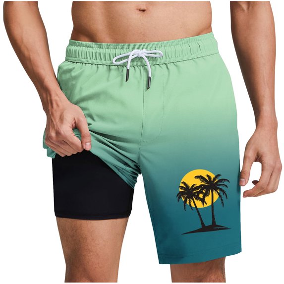Men's Beach Shorts with Compression Liner Hawaiian Palm Tree Graphic Print Swim Trunks Board Wear Quick Dry Swimwear
