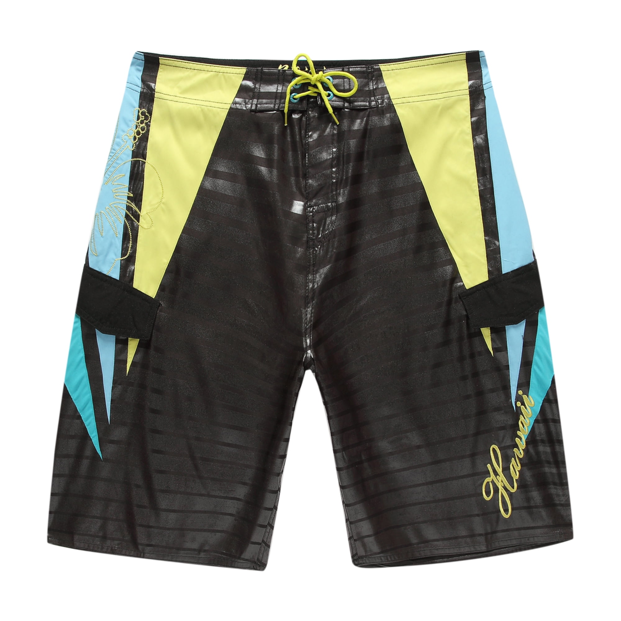 Men's Beach Wear Board Shorts with Pocket in Black Blue Yellow Stripes ...