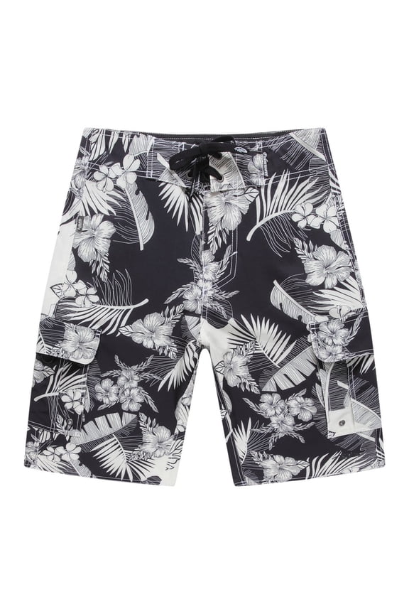 Men's Beach Wear Board Shorts with Pocket in Black with Cream Floral and Leaves 40