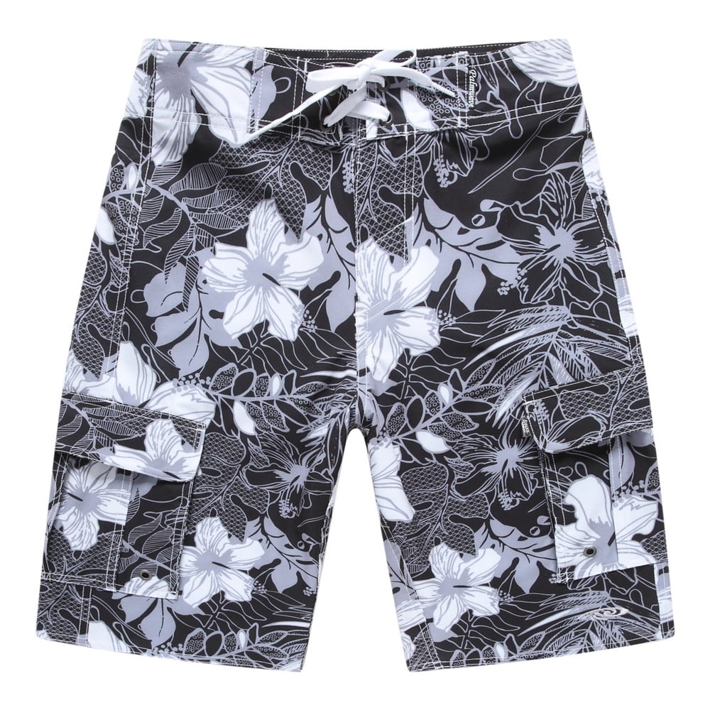 Men's Beach Wear Board Shorts with Pocket in Black with White Hibiscus ...