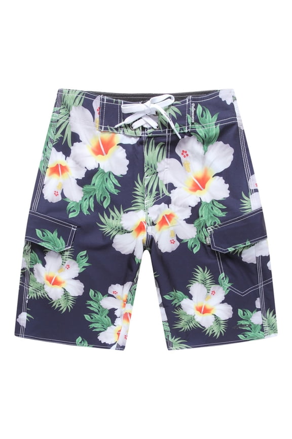 Men's Beach Wear Board Shorts with Pocket in Blue Hibiscus