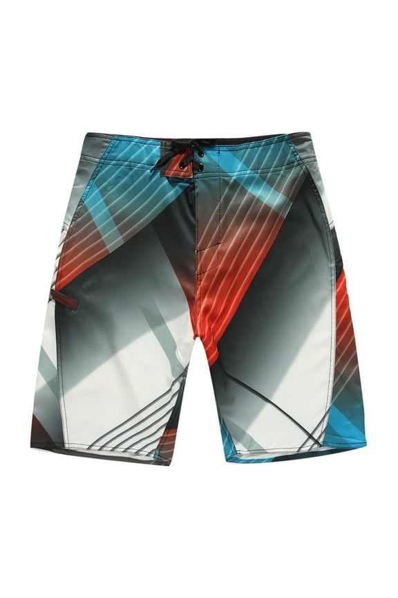 Men's Beach Wear Board Shorts with Pocket in Grey Blue Red Stripes 40